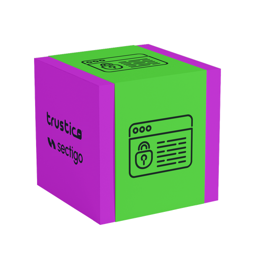 A 3D cube with green and purple faces displays web browser and lock icons on one side, and the words Trustico® and Sectigo® CA on another, highlighting features like Multi Domain SSL Certificate support through Subject Alternative Name (SAN), as offered by Sectigo® OV + Multi Domain - Additional SAN.