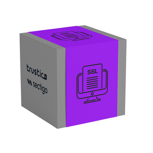 A gray and purple cube featuring the Sectigo® CA logo and a computer screen icon displaying an SSL certificate represents the PositiveSSL DV + Multi Domain - Additional SAN product, highlighting secure multi-domain protection via Subject Alternative Name (SAN) support.