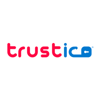 The word trustico is written in lowercase letters; trust is in red, and ico is in blue. The letter o resembles a padlock, emphasizing security. The background is light gray.